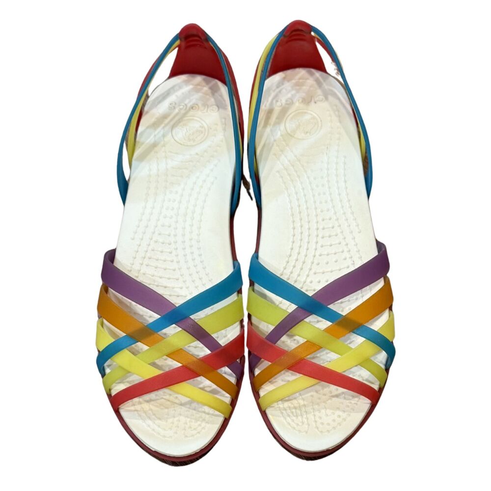 Crocs Isabella Huarache Flat Jelly Red Purple Yellow Rainbow Sandals 8